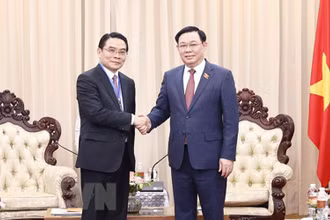 Chủ tịch Quốc hội Vương Đình Huệ tiếp Bí thư, Tỉnh trưởng Champasak Vilayvong Bouddakham. (Ảnh: Doãn Tấn/TTXVN)