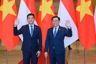 Chủ tịch Quốc hội Vương Đình Huệ và Chủ tịch Quốc hội Singapore Tan Chuan-Jin tại lễ đón.