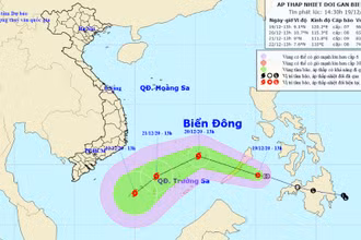 Vị trí và hướng di chuyển của áp thấp nhiệt đới. (Nguồn: nchmf.gov.vn)