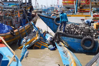 Tàu thuyền của ngư dân bị cuốn trôi và nhấn chìm khi neo đậu trong cảng cá La Gi.