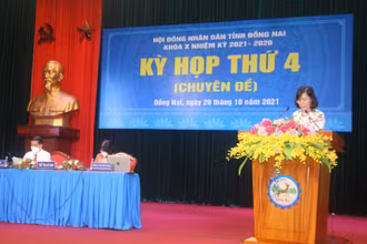 Đại diện UBND tỉnh Đồng Nai trình bày tờ trình quy định chính sách học phí học kỳ 1 năm học 2021 - 2022.