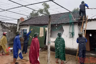 Xã Xuân Liên (Nghi Xuân) huy động lực lượng hỗ trợ các hộ gia đình neo đơn chằng chống nhà cửa. 