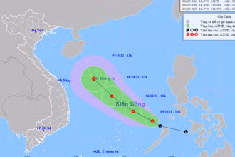 Vị trí và hướng di chuyển của vùng áp thấp trên Biển Đông. (Nguồn: nchmf.gov.vn)