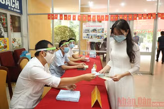 Cử tri là sinh viên tham gia bỏ phiếu tại khu vực bỏ phiếu thuộc quận Cầu Giấy, Hà Nội. Ảnh: DUY LINH