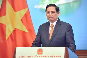 Thủ tướng Phạm Minh Chính phát biểu tại Hội nghị thượng đỉnh thương mại dịch vụ toàn cầu năm 2021. (Ảnh: VGP)