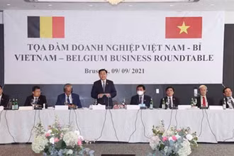 Chủ tịch Quốc hội Vương Đình Huệ phát biểu tại Tọa đàm doanh nghiệp Việt Nam - Bỉ. (Ảnh: Doãn Tấn/TTXVN)