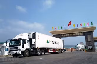 Xe vận chuyển hàng hóa xuất nhập khẩu ở Móng Cái. (Ảnh: TTXVN).
