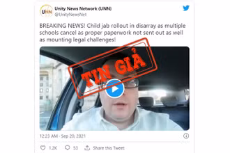 Đoạn video đăng tải thông tin sai sự thật về chiến dịch tiêm vaccine Covid-19 cho trẻ em 12-15 tuổi ở xứ Anh. (Ảnh chụp màn hình)