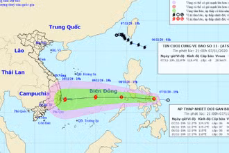 Vị trí và hướng di chuyển của vùng áp thấp (suy yếu từ bão số 11). (Nguồn: nchmf.gov.vn)