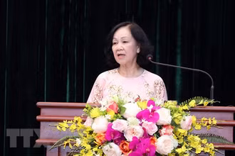 Đồng chí Trương Thị Mai, Ủy viên Bộ Chính trị, Bí thư Trung ương Đảng, Trưởng Ban Tổ chức Trung ương phát biểu tại Hội nghị. (Ảnh: Anh Tuấn/TTXVN)
