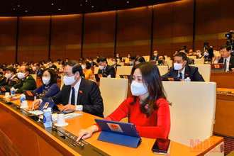 Các đại biểu Quốc hội bấm nút biểu quyết thông qua Nghị quyết về quy hoạch sử dụng đất quốc gia thời kỳ 2021 - 2030, tầm nhìn đến năm 2050 và Kế hoạch sử dụng đất quốc gia 5 năm 2021 - 2025. (Ảnh: LINH NGUYÊN)
