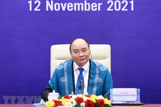 Chủ tịch nước Nguyễn Xuân Phúc dự Hội nghị các nhà Lãnh đạo kinh tế APEC lần thứ 28 theo hình thức trực tuyến. (Nguồn: TTXVN)