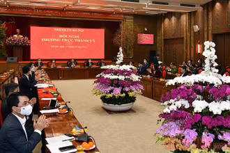 Quang cảnh hội nghị Thường trực Thành ủy về tình hình Tết. (Ảnh: Duy Linh)