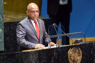 Ông Abdulla Shahid phát biểu ý kiến sau khi được bầu làm Chủ tịch khóa 76 của Đại hội đồng LHQ. (Ảnh: news.un.org)