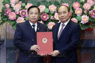 Chủ tịch nước Nguyễn Xuân Phúc trao Quyết định bổ nhiệm chức vụ Phó Chánh án Tòa án nhân dân tối cao cho ông Phạm Quốc Hưng. (Ảnh: TTXVN)