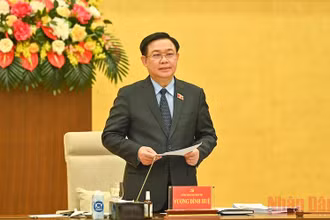 Chủ tịch Quốc hội Vương Đình Huệ phát biểu ý kiến tại buổi làm việc. (Ảnh: DUY LINH)