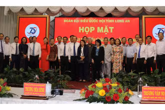 Đại biểu dự lễ họp mặt kỷ niệm 75 năm Ngày Tổng tuyển cử đầu tiên bầu Quốc hội Việt Nam tại Long An.