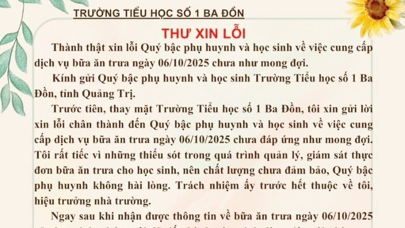 Thư xin lỗi phụ huynh và học sinh của Hiệu trưởng Trường tiểu học số 1 Ba Đồn, phường Ba Đồn, tỉnh Quảng Trị về bữa ăn chưa bảo đảm chất lượng.