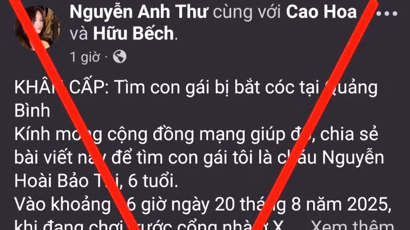 Thông tin bịa đặt trên Facebook về vụ 1 bé gái bị bắt cóc tại xã Trường Sơn, tỉnh Quảng Bình (cũ), nay là tỉnh Quảng Trị.