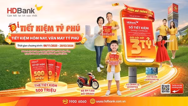 Gửi tiết kiệm HDBank với cơ hội trúng giải đặc biệt tới 3 tỷ đồng 