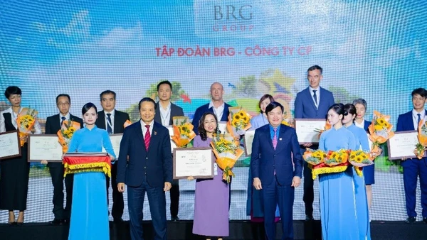 Đại diện Tập đoàn BRG nhận danh hiệu “Top 100 doanh nghiệp phát triển bền vững trong lĩnh vực thương mại-dịch vụ”.