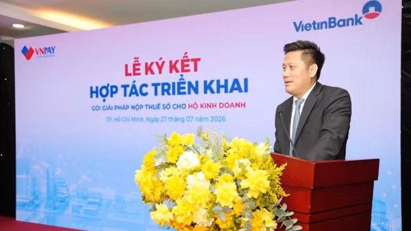 Ông Lê Duy Hải - Phó Tổng Giám đốc VietinBank phát biểu tại sự kiện ký kết hợp tác với VNPAY nhằm triển khai giải pháp nộp thuế số.