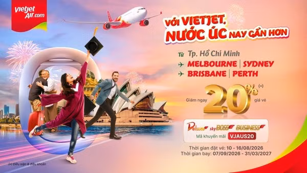 Từ nay đến 23 giờ ngày 16/8/2026 (GMT+7), hành khách tiết kiệm đến 20% giá vé Deluxe, SkyBoss và Business (chưa bao gồm thuế, phí) khi mua vé và nhập mã VJAUS20.