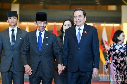 Chủ tịch Quốc hội Trần Thanh Mẫn trao đổi với Quốc vương Brunei Darussalam Haji Hassanal Bolkiah. (Ảnh: DUY LINH) 