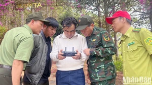 Lãnh đạo thành phố Đà Lạt và cơ quan chức năng quan sát hình ảnh kiểm tra rừng trên thiết bị flycam.