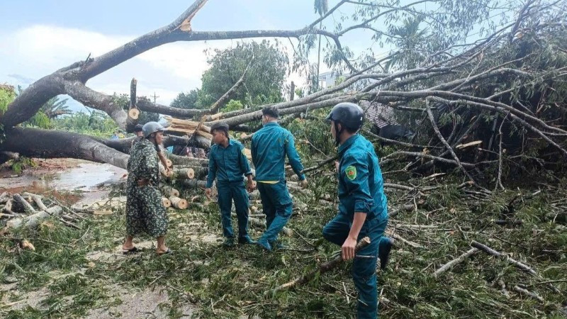 Lực lượng dân quân xã Tân Hưng, tỉnh Đồng Nai khắc phục hậu quả thiên tai.