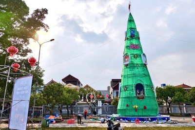 Giáo dân trang hoàng cây thông chào đón Giáng sinh tại Nhà thờ Phát Diệm, góp phần thu hút du khách. (Ảnh: VĂN LÚA)