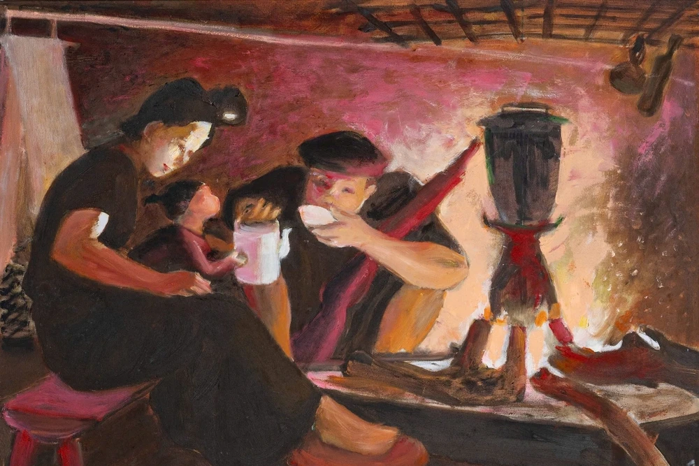 Một bức tranh sơn dầu của hoạ sĩ Phan Ngọc Khuê được giới thiệu trong triển lãm.