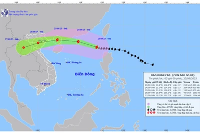 Bản đồ dự báo quỹ đạo và cường độ bão số 9 phát lúc 5 giờ sáng 23/9/2025. (Ảnh: Trung tâm Dự báo khí tượng thủy văn quốc gia)