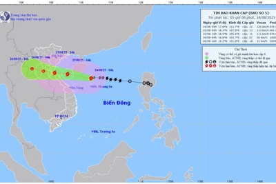 Bản đồ dự báo quỹ đạo và cường độ bão số 5 phát lúc 5 giờ sáng 24/8/2025. (Ảnh: Trung tâm Dự báo khí tượng thủy văn quốc gia)