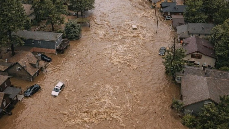 Một chiếc ô tô đang chạy trên con đường ngập nước sau trận mưa lớn, tại Wrightwood, California. (Ảnh: X)