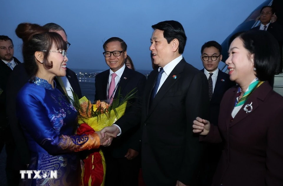 各位代表在美国华盛顿州西雅图市波音机场迎接梁强主席和夫人。（图片来源：越通社）