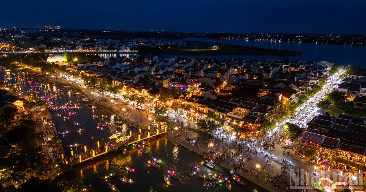 A corner of Hoi An ancient town seen from above at night.