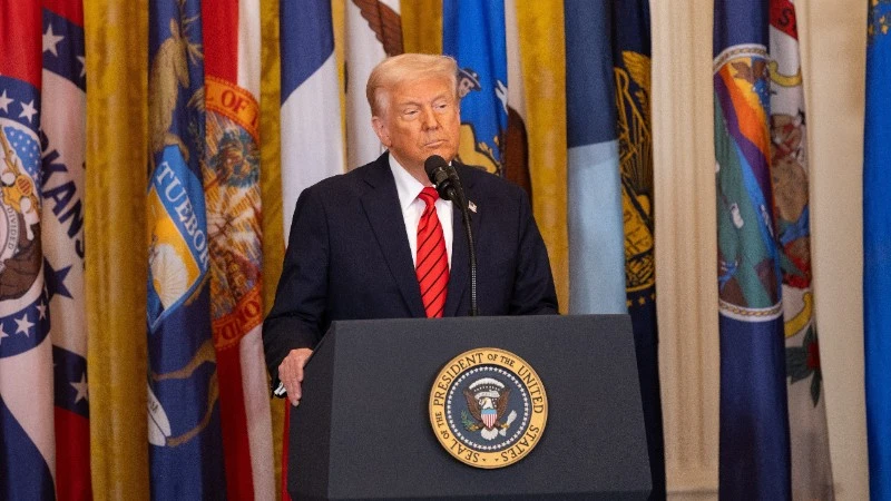 Tổng thống Mỹ Donald Trump phát biểu tại Nhà trắng, Washington D.C. (Ảnh: THX/TTXVN)