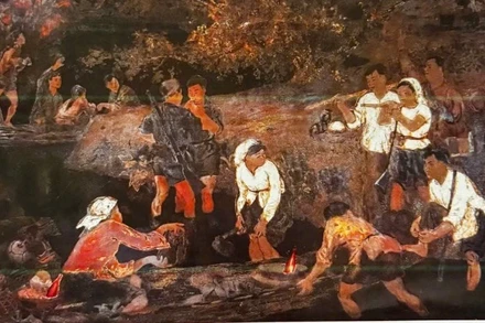 Tác phẩm sơn mài "Dân quân Đại Phong đi khai hoang" của họa sĩ Đỗ Hữu Huề.