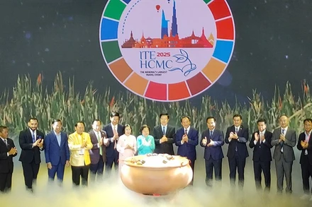 Các đại biểu thực hiện nghi thức khai mạc Chương trình nghệ thuật "Đêm Việt Nam". (Ảnh: Ban tổ chức)