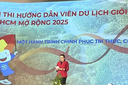 Bà Bùi Thị Ngọc Hiếu, Phó Giám đốc Sở Du lịch thành phố, Trưởng Ban tổ chức hội thi, phát biểu tại lễ phát động. (Ảnh Ban Tổ chức)