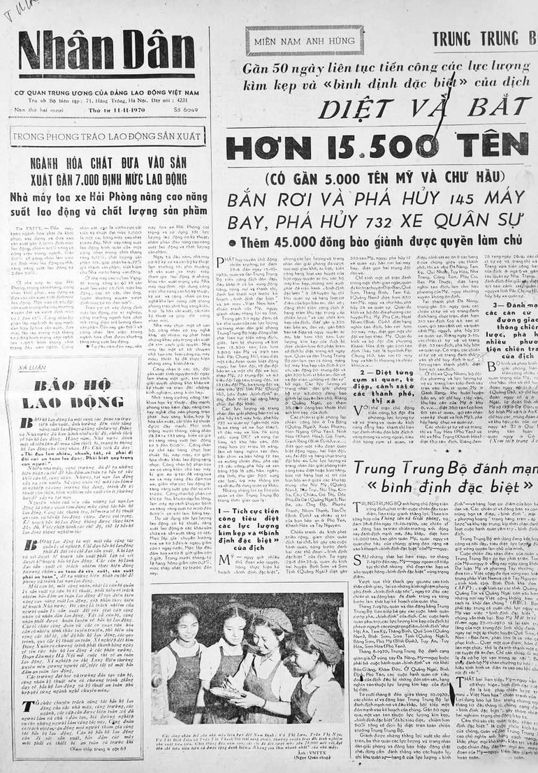 Trang nhất Báo Nhân Dân số ra ngày 11/11/1970 với bức ảnh chụp bốn người thợ dệt (bà Vũ Thị Bích Liên thứ hai từ phải sang). phan-4-det3.jpg