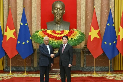 Chủ tịch nước Lương Cường hội đàm với Chủ tịch Hội đồng châu Âu Antonio Costa. (Ảnh: THỦY NGUYÊN)