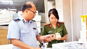 Lực lượng chức năng kiểm tra hàng hóa trên địa bàn Hà Nội.