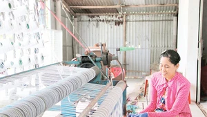 Bà Nguyễn Thị Minh Trang, chủ cơ sở dệt chiếu ấp Ðức Mỹ, xã Nhị Long, tỉnh Vĩnh Long dệt chiếu bằng máy bán tự động.