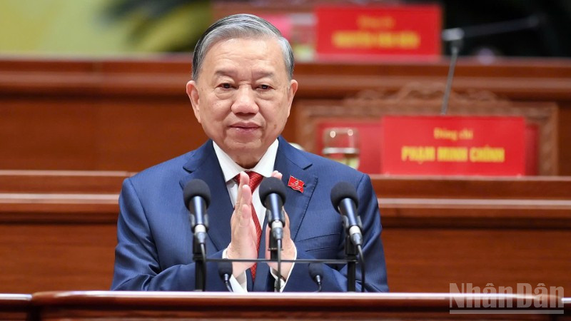 Tổng Bí thư Tô Lâm phát biểu tại phiên bế mạc Đại hội XIV. (Ảnh: THỦY NGUYÊN)