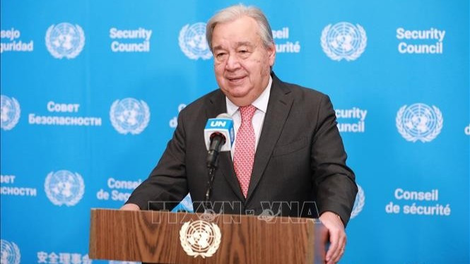 Tổng Thư ký Liên hợp quốc Antonio Guterres phát biểu tại cuộc họp báo ở New York, Mỹ. (Ảnh: THX/TTXVN)