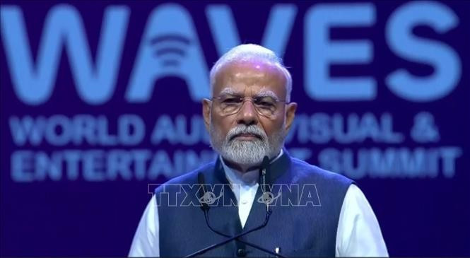 Thủ tướng Ấn Độ Narendra Modi phát biểu khai mạc Hội nghị thượng đỉnh Nghe nhìn và giải trí thế giới (WAVES) 2025. (Ảnh: TTXVN)