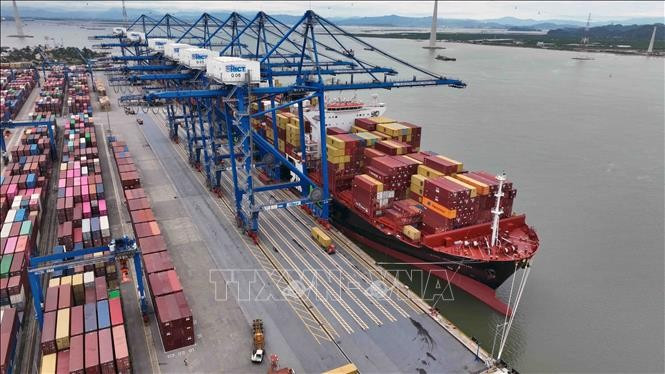 Loading and unloading export goods at Hai Phong International Container Port. (Photo: VNA)