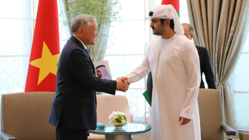 Phó Thủ tướng Thường trực Chính phủ Nguyễn Hòa Bình hội đàm với Phó Thủ tướng, Bộ trưởng Tài chính UAE Maktoum bin Mohamed bin Rashid Al Maktoum. (Ảnh: VGP)